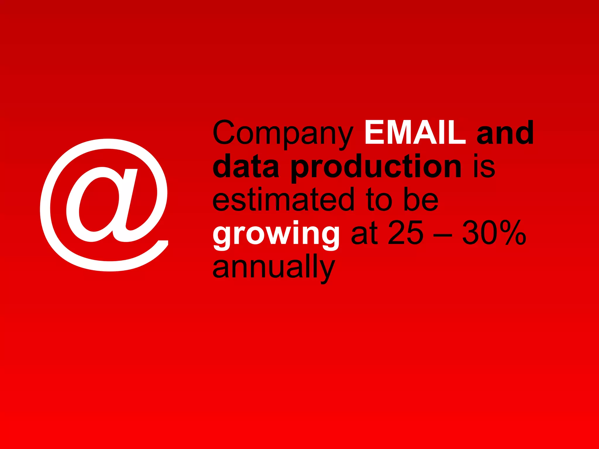 Company  EMAIL  and data production  is estimated to be  growing  at 25 – 30% annually  @ 