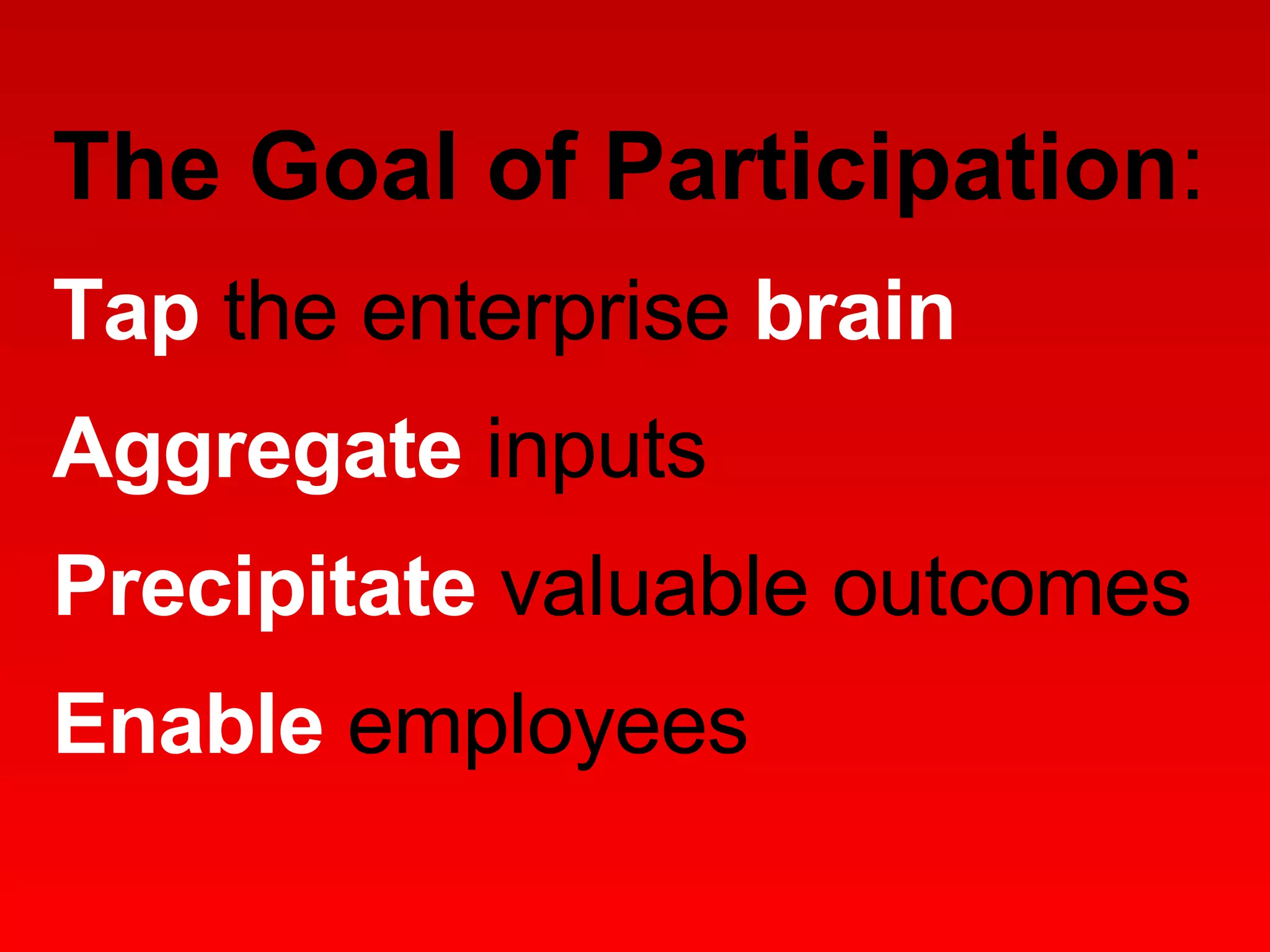 The Goal of Participation :  Tap  the enterprise  brain Aggregate  inputs Precipitate  valuable outcomes Enable  employees 