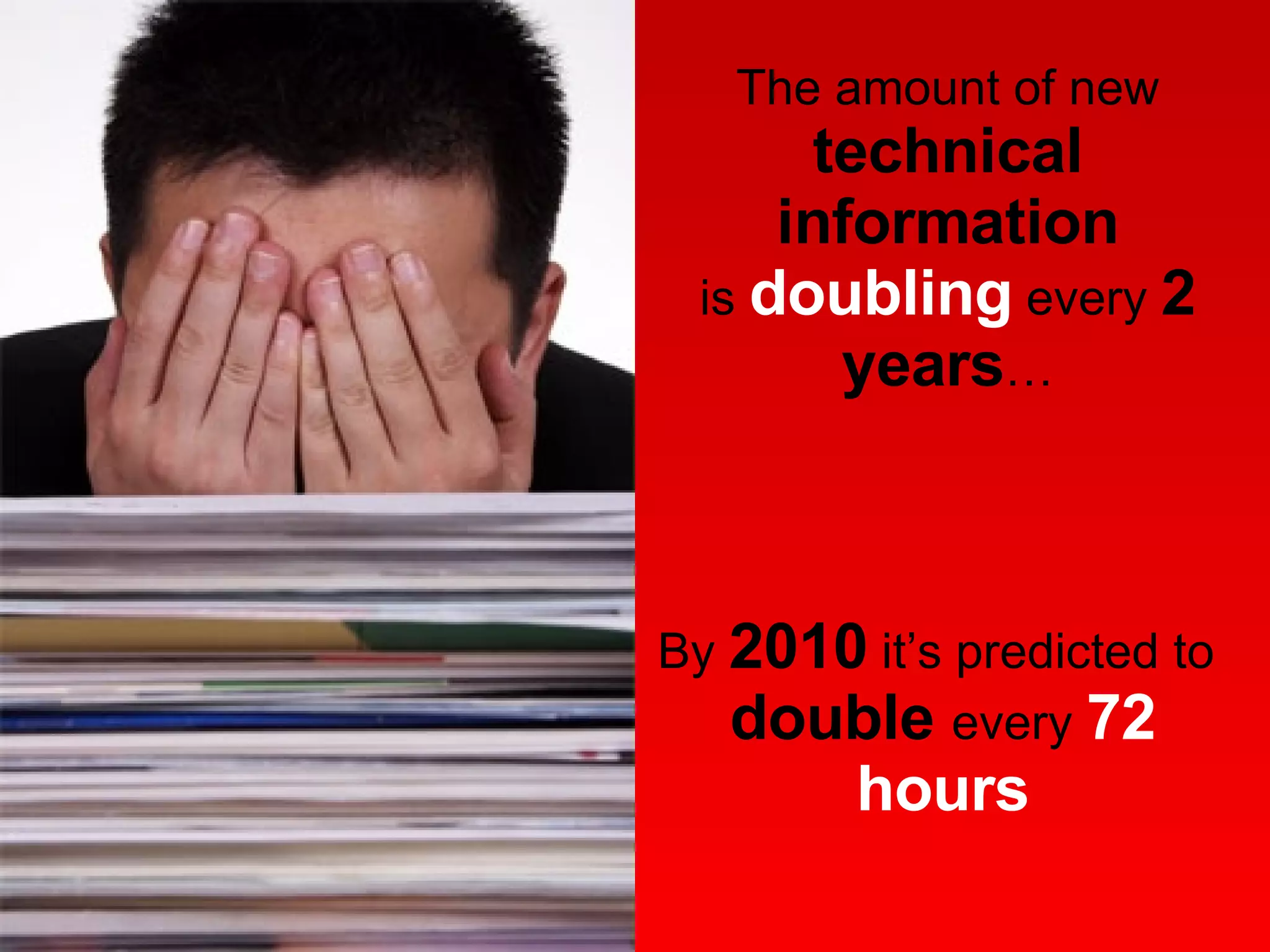 By  2010  it’s predicted to  double  every  72 hours The amount of new technical information is  doubling  every  2 years … 
