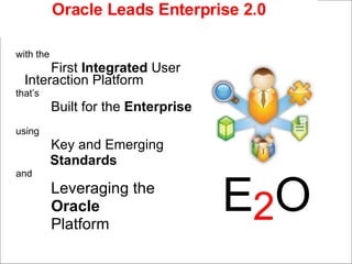 Oracle Leads Enterprise 2.0 with the First  Integrated  User  Interaction Platform that’s Built for the  Enterprise using Key and Emerging  Standards and Leveraging the  Oracle   Platform E 2 O 