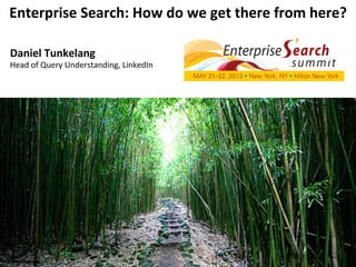 Enterprise	
  Search:	
  How	
  do	
  we	
  get	
  there	
  from	
  here?	
  
Daniel	
  Tunkelang	
  
Head	
  of	
  Query	
  Understanding,	
  LinkedIn	
  
 