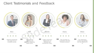 Client Testimonials and Feedback
Alice
Digiprima transformed
our project into an
incredible success.
Bob
Their team was
responsive and
delivered outstanding
results quickly.
Charlie
I highly recommend
Digiprima for any
enterprise app
development needs.
Diana
They exceeded our
expectations with their
innovative solutions.
Ethan
The collaboration
process was seamless
and very effective for
us.
 