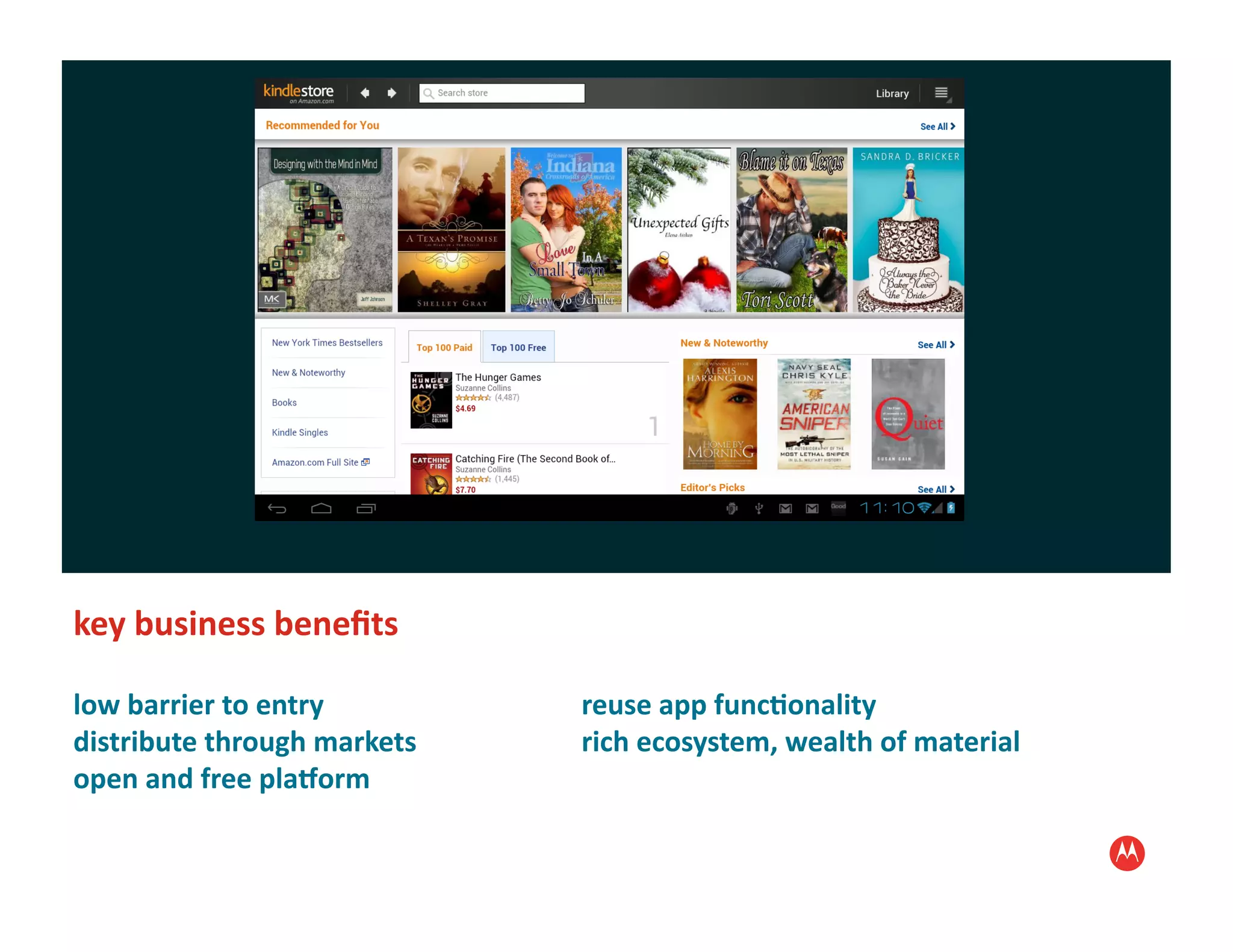 key	
  business	
  beneﬁts	
  

low	
  barrier	
  to	
  entry	
        reuse	
  app	
  func1onality	
  
distribute	
  through	
  markets	
     rich	
  ecosystem,	
  wealth	
  of	
  material	
  
open	
  and	
  free	
  plaForm	
  
 