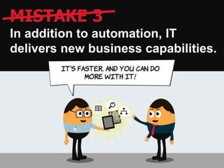 MISTAKE 3
In addition to automation, IT
delivers new business capabilities.
 