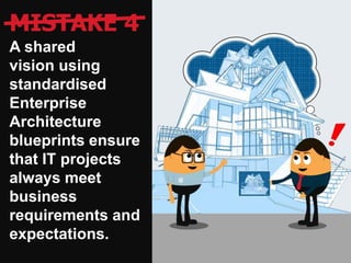 MISTAKE 4
A shared
vision using
standardised
Enterprise
Architecture
blueprints ensure
that IT projects
always meet
business
requirements and
expectations.
 