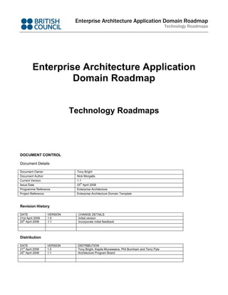 Enterprise Architecture Application Domain Roadmap
                                                                                           Technology Roadmaps




         Enterprise Architecture Application
                  Domain Roadmap


                            Technology Roadmaps




DOCUMENT CONTROL

Document Details

Document Owner               Tony Bright
Document Author              Nick Morgalla
Current Version              1.1
                                th
Issue Date                   25 April 2008
Programme Reference          Enterprise Architecture
Project Reference            Enterprise Architecture Domain Template



Revision History

DATE              VERSION     CHANGE DETAILS
21st April 2008   1.0         Initial version
  th
25 April 2008     1.1         Incorporate initial feedback




Distribution

DATE              VERSION     DISTRIBUTION
  st
21 April 2008     1.0         Tony Bright, Kapila Munaweera, Phil Burnham and Terry Pyle
  th
25 April 2008     1.1         Architecture Program Board
 