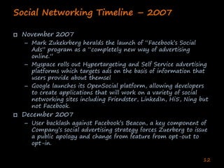 Social Networking Timeline – 2007

□ November 2007
  – Mark Zukekrberg heralds the launch of “Facebook’s Social
    Ads” p...
