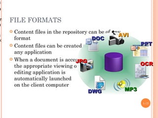 F
o
r
m   FILE FORMATS
a
     Content files in the repository can be of any
s                                                 AVI
×     format                           DOC
                                                        PPT




                                                         Enterprise Content Management
     Content files can be created with
      any application
     When a document is accessed,
                                JPG
      the appropriate viewing or                        OCR
      editing application is
      automatically launched
      on the client computer
                                     DWG            MP3

                                                       1-15
 