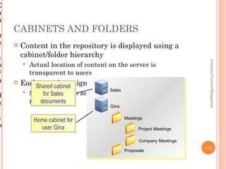 C
a
b
    CABINETS AND FOLDERS
n
e      Content in the repository is displayed using a
s       cabinet/folder hierarchy




                                                                          Enterprise Content Management
×          Actual location of content on the server is
F           transparent to users
o       Each usercabinet
            Shared is assigned a home cabinet or folder
    
                                       Sales
d
           SharedSales
                for cabinets and folders also exist in the
e           repository
               documents
                                       Gina
r
s            Home cabinet for                  Meetings
×              user Gina                             Project Meetings

                                                     Company Meetings
                                                                        1-22
                                               Proposals
 