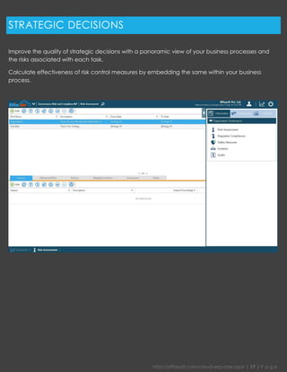 http://effiasoft.com/cloud-erp-sme.aspx | 17 | P a g e 
STRATEGIC DECISIONS 
Improve the quality of strategic decisions with a panoramic view of your business processes and the risks associated with each task. 
Calculate effectiveness of risk control measures by embedding the same within your business process. 
 