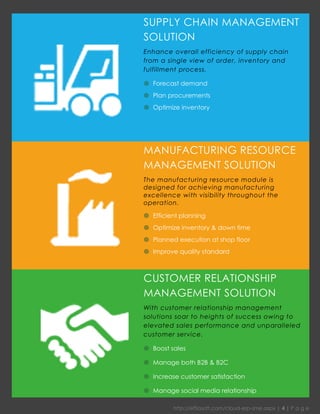 http://effiasoft.com/cloud-erp-sme.aspx | 4 | P a g e 
CUSTOMER RELATIONSHIP MANAGEMENT SOLUTION 
With customer relationship management solutions soar to heights of success owing to elevated sales performance and unparalleled customer service. 
 Boost sales 
 Manage both B2B & B2C 
 Increase customer satisfaction 
 Manage social media relationship 
MANUFACTURING RESOURCE MANAGEMENT SOLUTION 
The manufacturing resource module is designed for achieving manufacturing excellence with visibility throughout the operation. 
 Efficient planning 
 Optimize inventory & down time 
 Planned execution at shop floor 
 Improve quality standard 
SUPPLY CHAIN MANAGEMENT SOLUTION 
Enhance overall efficiency of supply chain from a single view of order, inventory and fulfillment process. 
 Forecast demand 
 Plan procurements 
 Optimize inventory 
 