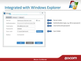 Biscom Confidential
Integrated with Windows Explorer
Server name
Authentication type, e.g. AD or password
Usernameand password
Sync folder
 