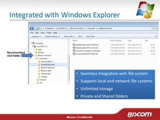 Biscom Confidential
Integrated with Windows Explorer
Synchronized
root folder
• Seamless integration with file system
• Supports local and network file systems
• Unlimited storage
• Private and Shared folders
 