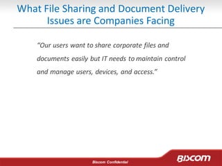 Biscom Confidential
What File Sharing and Document Delivery
Issues are Companies Facing
“Our users want to share corporate files and
documents easily but IT needs to maintain control
and manage users, devices, and access.”
 
