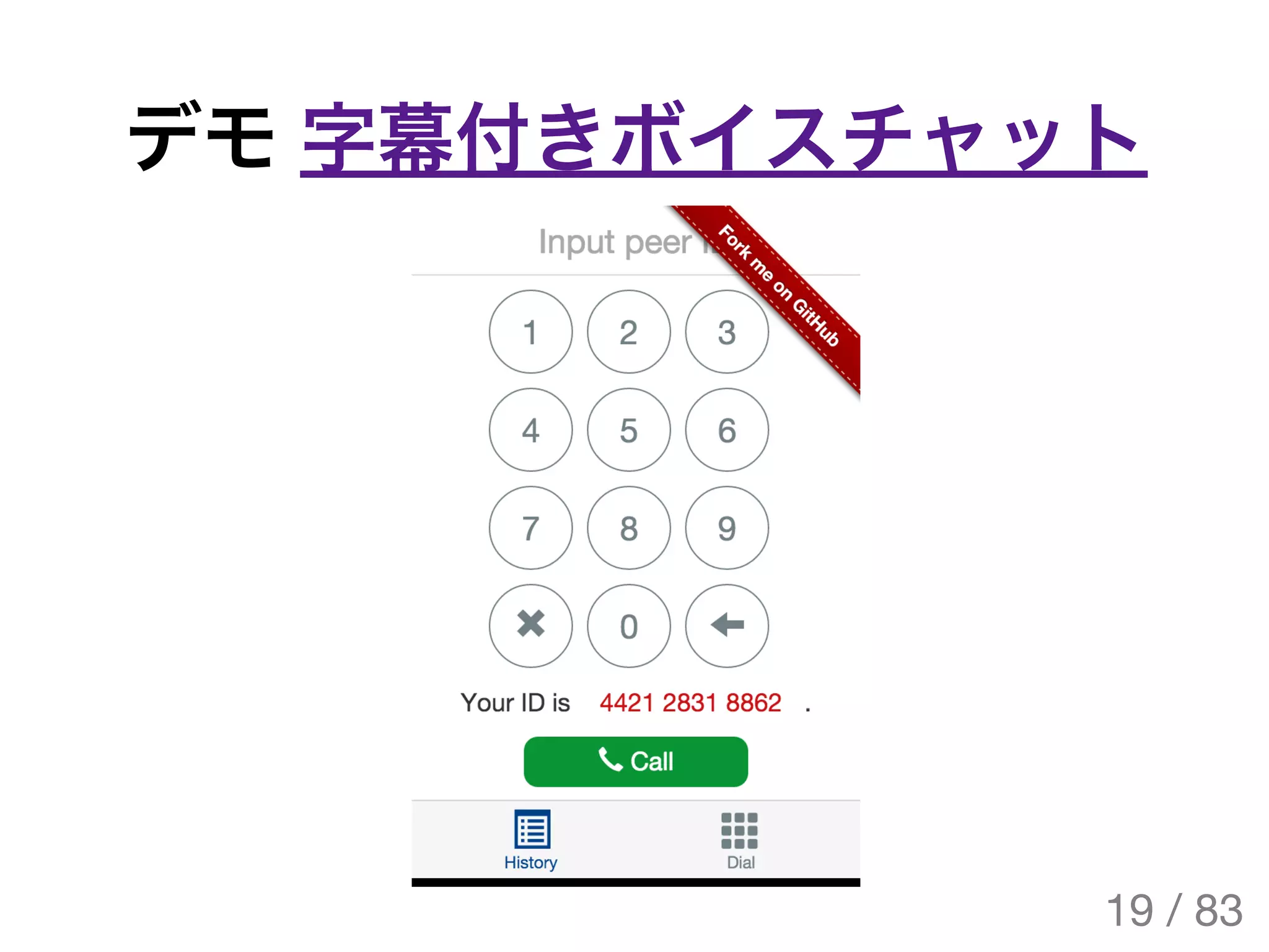 デモ字幕付きボイスチャット
19 / 83
The Original Version is
https://rotsuya.github.io/slides/enterprise-hacks-201512/
 