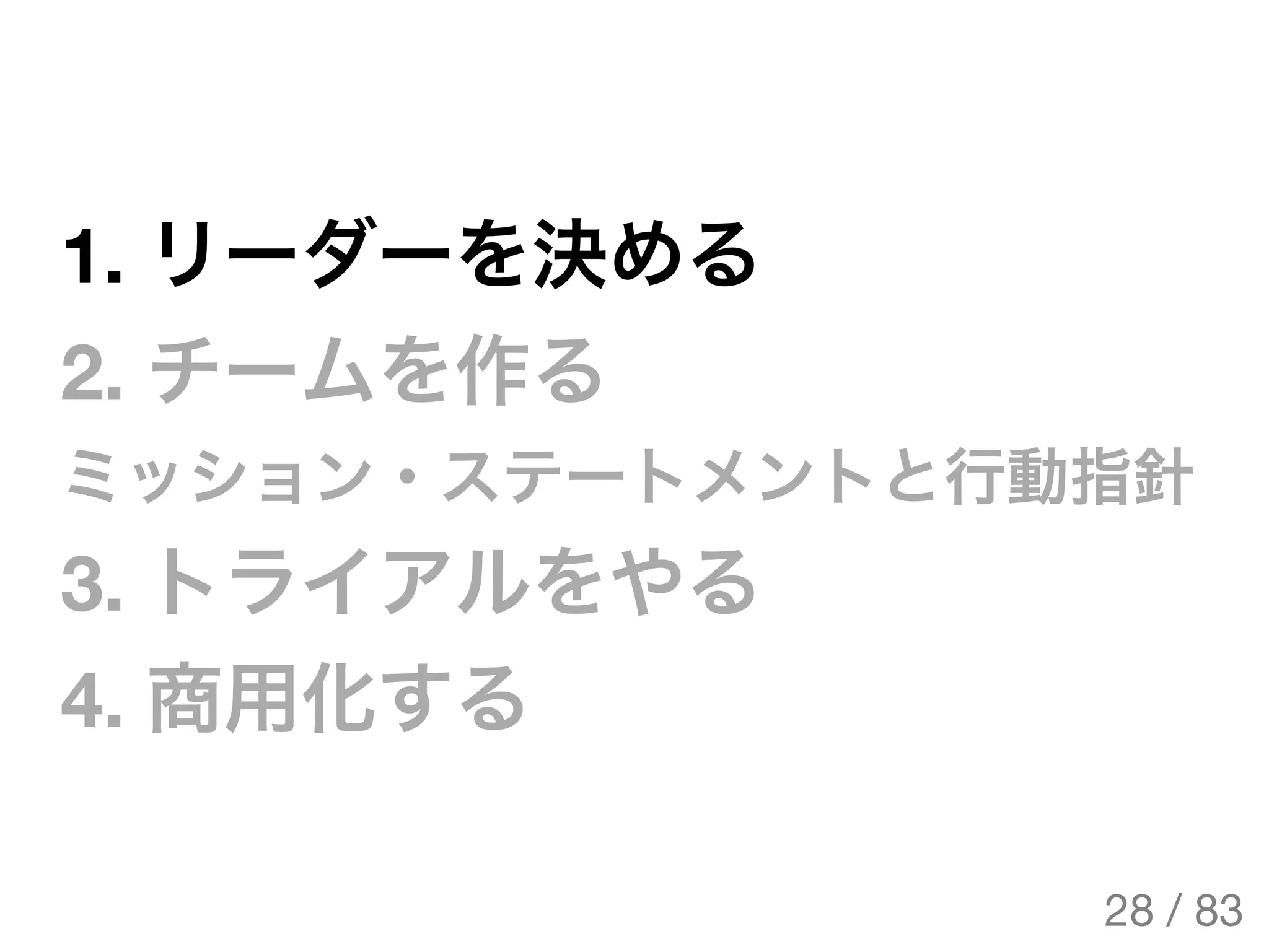 1. リーダーを決める
2. チームを作る
ミッション・ステートメントと行動指針
3. トライアルをやる
4. 商用化する
28 / 83
The Original Version is
https://rotsuya.github.io/slides/enterprise-hacks-201512/
 
