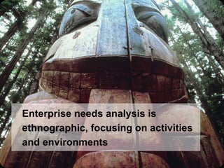Enterprise needs analysis is ethnographic, focusing on activities and environments 