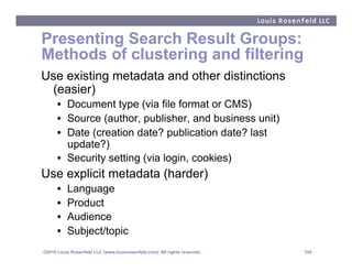 Presenting Search Result Groups:
Methods of clustering and filtering
Use existing metadata and other distinctions
 (easier...