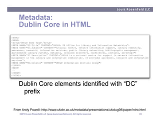 Metadata:
   Dublin Core in HTML




   Dublin Core elements identified with “DC”
    prefix

From Andy Powell: http://www...