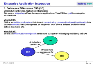 © Peter R. Egli 2015
2/16
Rev. 1.70
Enterprise Application Integration indigoo.com
Contents
1. EAI versus SOA versus ESB
2. EAI
3. SOA
4. ESB
5. N-tier enterprise architecture
6. WS-BPEL
7. WOA
 