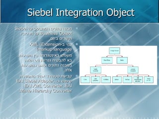 Siebel Integration Object מבנה נתונים המתבסס על  Siebel Business Object   על מרכיביו וקשרים בינם . בנוי ב - XML  ( Extension markup language ) משמש באינטגרציה בין מערכות ,  בא להבטיח גנריות ואי תלות במבנה נתונים וסוגם במערכות אלה . קביעת סטנדרד אחיד מאפשרת שימוש ב -  EAI Siebel Adapter ,  EAI XML Converter ,  EAI Mime Hierarchy Converter . 
