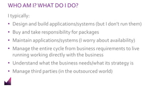 WHO AM I?WHAT DO I DO?
I typically:
• Design and build applications/systems (but I don’t run them)
• Buy and take responsibility for packages
• Maintain applications/systems (I worry about availability)
• Manage the entire cycle from business requirements to live
running working directly with the business
• Understand what the business needs/what its strategy is
• Manage third parties (in the outsourced world)
 
