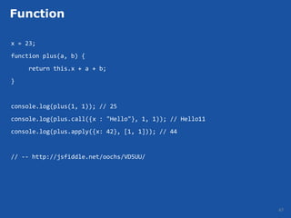Function

x = 23;
function plus(a, b) {
     return this.x + a + b;
}


console.log(plus(1, 1)); // 25
console.log(plus.call({x : "Hello"}, 1, 1));​ // Hello11
console.log(plus.apply({x: 42}, [1, 1])); // 44


// -- http://jsfiddle.net/oochs/VD5UU/​​




                                                           47
 