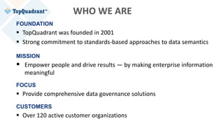 FOUNDATION
 TopQuadrant was founded in 2001
 Strong commitment to standards-based approaches to data semantics
MISSION
 Empower people and drive results — by making enterprise information
meaningful
FOCUS
 Provide comprehensive data governance solutions
CUSTOMERS
 Over 120 active customer organizations
WHO WE ARE
 