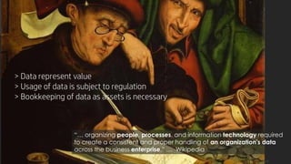 © Copyright 2019 TopQuadrant Inc. Slide 8
Data governance
> Data represent value
> Usage of data is subject to regulation
> Bookkeeping of data as assets is necessary
“… organizing people, processes, and information technology required
to create a consistent and proper handling of an organization's data
across the business enterprise.” … Wikipedia
 