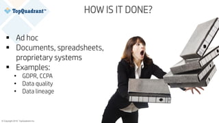 © Copyright 2019 TopQuadrant Inc. Slide 9
HOW IS IT DONE?
 Ad hoc
 Documents, spreadsheets,
proprietary systems
 Examples:
• GDPR, CCPA
• Data quality
• Data lineage
 