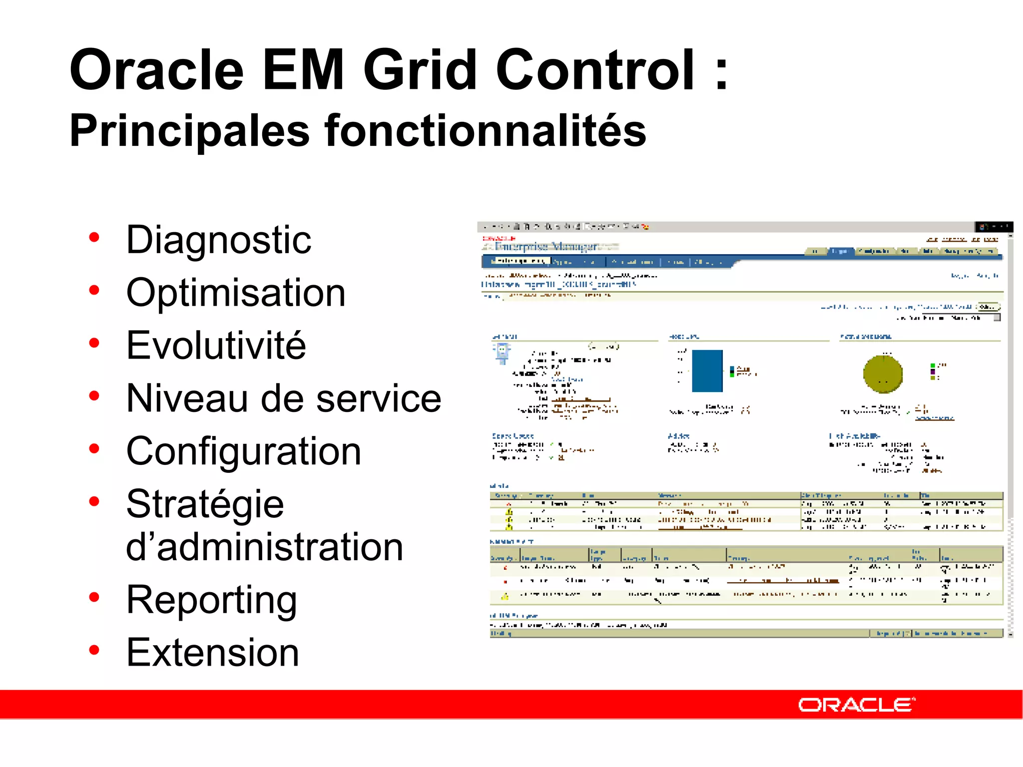 Oracle EM Grid Control :  Principales fonctionnalités Diagnostic Optimisation Evolutivité Niveau de service Configuration  Stratégie  d’administration Reporting Extension 