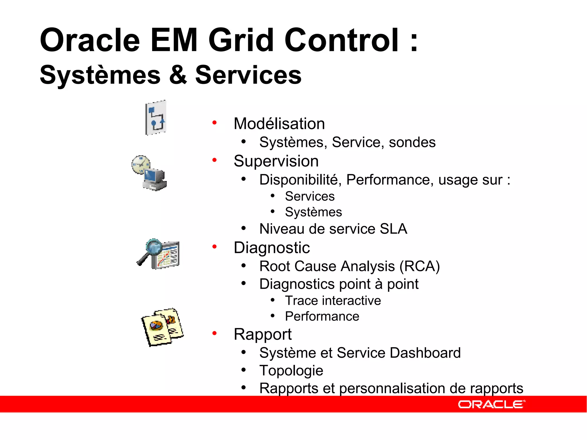 Oracle EM Grid Control :  Systèmes & Services Modélisation Systèmes, Service, sondes Supervision Disponibilité, Performance, usage sur : Services  Systèmes Niveau de service SLA Diagnostic Root Cause Analysis (RCA) Diagnostics point à point Trace interactive Performance Rapport Système et Service Dashboard Topologie Rapports et personnalisation de rapports 