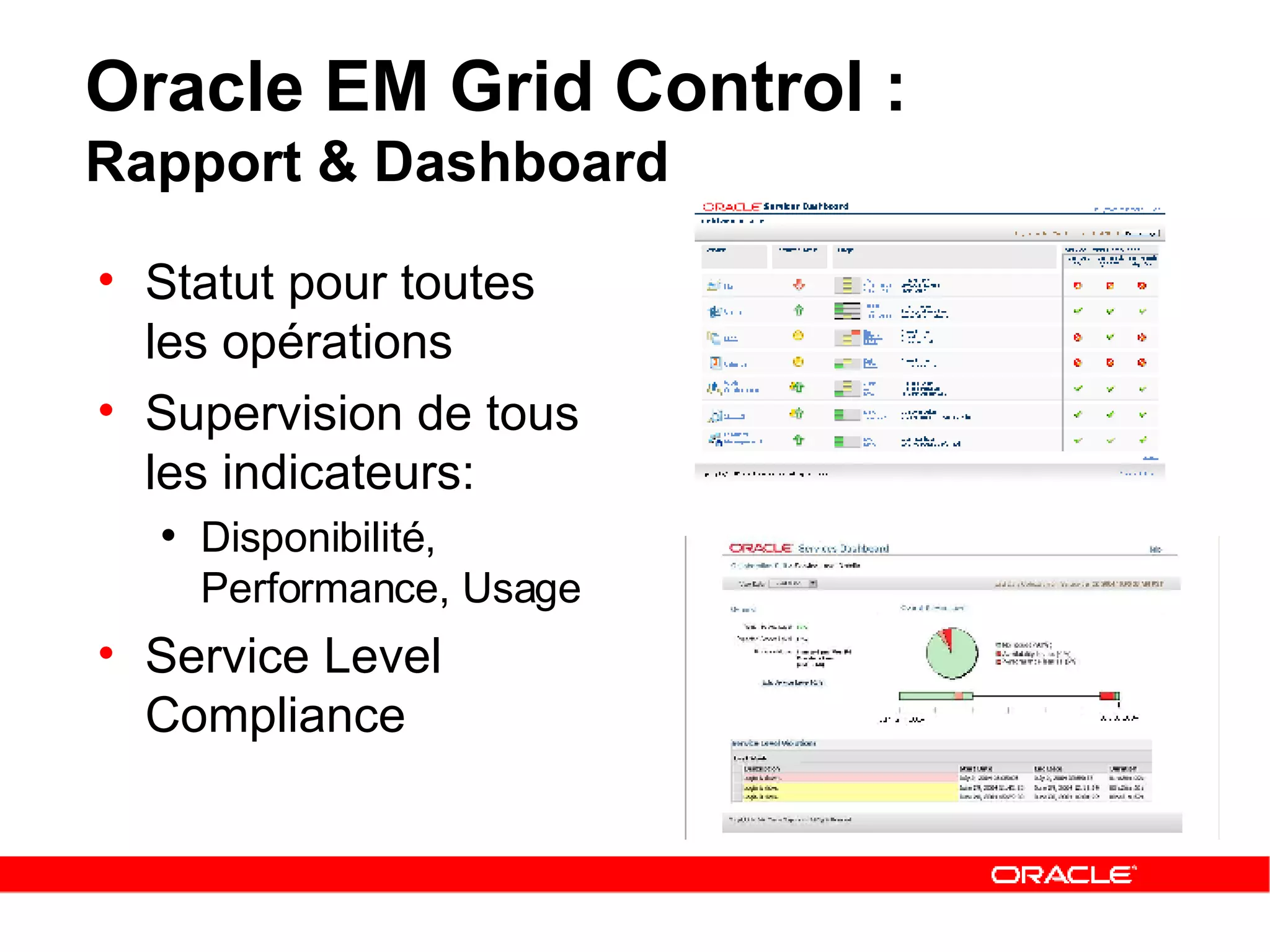 Oracle EM Grid Control :  Rapport & Dashboard Statut pour toutes les opérations Supervision de tous les indicateurs: Disponibilité, Performance, Usage Service Level Compliance 