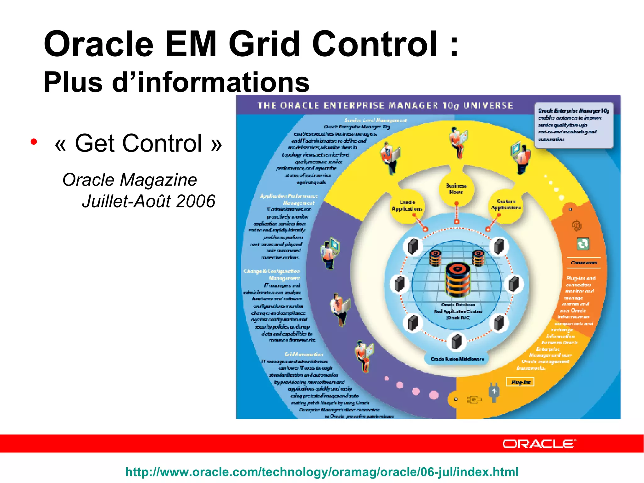Oracle EM Grid Control :  Plus d’informations « Get Control » Oracle Magazine Juillet-Août 2006 http:// www.oracle.com / technology / oramag /oracle/06-jul/ index.html 