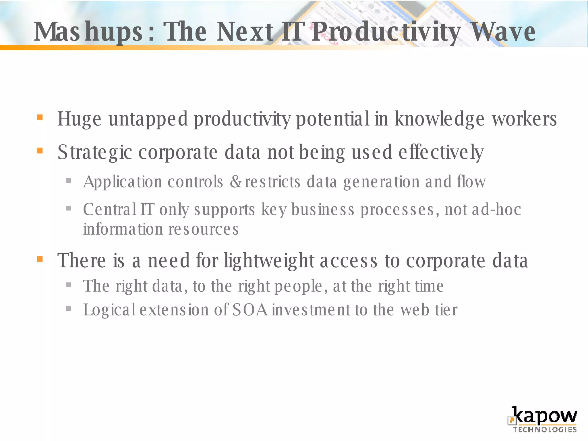 Mashups: The Next IT Productivity Wave Huge untapped productivity potential in knowledge workers  Strategic corporate data not being used effectively Application controls & restricts data generation and flow Central IT only supports key business processes, not ad-hoc information resources There is a need for lightweight access to corporate data The right data, to the right people, at the right time Logical extension of SOA investment to the web tier  
