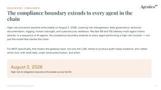 R E G U L A T O R Y C O M P L I A N C E
The compliance boundary extends to every agent in the
chain
The Enterprise MCP Guide 2026 22
High-risk provisions became enforceable on August 2, 2026, covering risk management, data governance, technical
documentation, logging, human oversight, and cybersecurity resilience. Recitals 99 and 100 address multi-agent chains
directly: in a sequence of AI agents, the compliance boundary extends to every agent performing a high-risk function — not
just the model that started the chain.
For MCP specifically, that means the gateway layer, not only the LLM, needs to produce audit-ready evidence: who called
which tool, with what data, under what authorization, and when.
August 2, 2026
High-risk AI obligations became enforceable across the EU
 