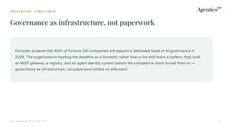 R E G U L A T O R Y C O M P L I A N C E
Governance as infrastructure, not paperwork
The Enterprise MCP Guide 2026 24
Forrester projects that 60% of Fortune 100 companies will appoint a dedicated head of AI governance in
2026. The organizations treating the deadline as a formality rather than a fire drill share a pattern: they built
an MCP gateway, a registry, and an agent identity system before the compliance clock forced them to —
governance as infrastructure, not paperwork bolted on afterward.
 