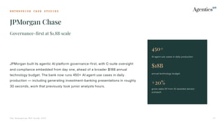 E N T E R P R I S E C A S E S T U D I E S
JPMorgan Chase
The Enterprise MCP Guide 2026 27
Governance-first at $1.8B scale
JPMorgan built its agentic AI platform governance-first, with C-suite oversight
and compliance embedded from day one, ahead of a broader $18B annual
technology budget. The bank now runs 450 AI agent use cases in daily
production — including generating investment-banking presentations in roughly
30 seconds, work that previously took junior analysts hours.
450+
AI agent use cases in daily production
$18B
annual technology budget
+20%
gross sales lift from AI-assisted advisor
outreach
 