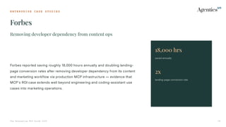 E N T E R P R I S E C A S E S T U D I E S
Forbes
The Enterprise MCP Guide 2026 29
Removing developer dependency from content ops
Forbes reported saving roughly 18,000 hours annually and doubling landing-
page conversion rates after removing developer dependency from its content
and marketing workflow via production MCP infrastructure — evidence that
MCP's ROI case extends well beyond engineering and coding-assistant use
cases into marketing operations.
18,000 hrs
saved annually
2x
landing-page conversion rate
 