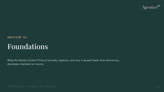 SECTION 01
Foundations
What the Model Context Protocol actually replaces, and why it spread faster than almost any
developer standard on record.
THE AGENTICS CO. — ENTERPRISE MCP GUIDE 2026
03
 