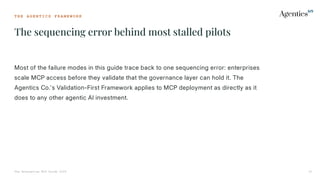 T H E A G E N T I C S F R A M E W O R K
The sequencing error behind most stalled pilots
The Enterprise MCP Guide 2026 32
Most of the failure modes in this guide trace back to one sequencing error: enterprises
scale MCP access before they validate that the governance layer can hold it. The
Agentics Co.'s Validation-First Framework applies to MCP deployment as directly as it
does to any other agentic AI investment.
 