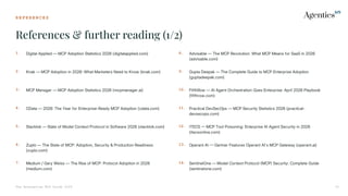 R E F E R E N C E S
References & further reading (1/2)
The Enterprise MCP Guide 2026 41
1. Digital Applied — MCP Adoption Statistics 2026 (digitalapplied.com)
2. Knak — MCP Adoption in 2026 What Marketers Need to Know (knak.com)
3. MCP Manager — MCP Adoption Statistics 2026 (mcpmanager.ai)
4. CData — 2026 The Year for Enterprise-Ready MCP Adoption (cdata.com)
5. Stacklok — State of Model Context Protocol in Software 2026 (stacklok.com)
6. Zuplo — The State of MCP Adoption, Security & Production Readiness
(zuplo.com)
7. Medium / Gary Weiss — The Rise of MCP Protocol Adoption in 2026
(medium.com)
8. Advisable — The MCP Revolution: What MCP Means for SaaS in 2026
(advisable.com)
9. Gupta Deepak — The Complete Guide to MCP Enterprise Adoption
(guptadeepak.com)
10. FifthRow — AI Agent Orchestration Goes Enterprise: April 2026 Playbook
(fifthrow.com)
11. Practical DevSecOps — MCP Security Statistics 2026 (practical-
devsecops.com)
12. ITECS  MCP Tool Poisoning: Enterprise AI Agent Security in 2026
(itecsonline.com)
13. Operant AI  Gartner Features Operant AI's MCP Gateway (operant.ai)
14. SentinelOne — Model Context Protocol MCP Security: Complete Guide
(sentinelone.com)
 