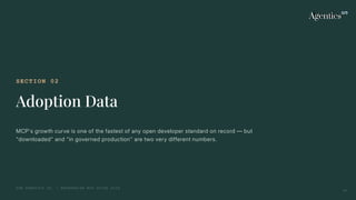 SECTION 02
Adoption Data
MCP's growth curve is one of the fastest of any open developer standard on record — but
"downloaded" and "in governed production" are two very different numbers.
THE AGENTICS CO. — ENTERPRISE MCP GUIDE 2026
07
 