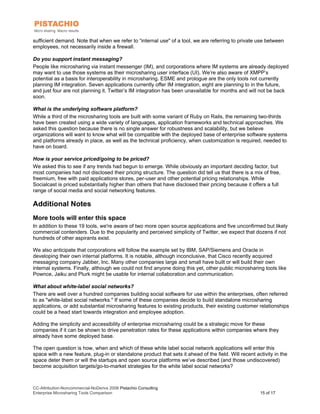 sufficient demand. Note that when we refer to “internal use" of a tool, we are referring to private use between
employees, not necessarily inside a firewall.

Do you support instant messaging?
People like microsharing via instant messenger (IM), and corporations where IM systems are already deployed
may want to use those systems as their microsharing user interface (UI). We’re also aware of XMPP’s
potential as a basis for interoperability in microsharing. ESME and prologue are the only tools not currently
planning IM integration. Seven applications currently offer IM integration, eight are planning to in the future,
and just four are not planning it. Twitter’s IM integration has been unavailable for months and will not be back
soon.

What is the underlying software platform?
While a third of the microsharing tools are built with some variant of Ruby on Rails, the remaining two-thirds
have been created using a wide variety of languages, application frameworks and technical approaches. We
asked this question because there is no single answer for robustness and scalability, but we believe
organizations will want to know what will be compatible with the deployed base of enterprise software systems
and platforms already in place, as well as the technical proficiency, when customization is required, needed to
have on board.

How is your service priced/going to be priced?
We asked this to see if any trends had begun to emerge. While obviously an important deciding factor, but
most companies had not disclosed their pricing structure. The question did tell us that there is a mix of free,
freemium, free with paid applications stores, per-user and other potential pricing relationships. While
Socialcast is priced substantially higher than others that have disclosed their pricing because it offers a full
range of social media and social networking features.

Additional Notes
More tools will enter this space
In addition to these 19 tools, we're aware of two more open source applications and five unconfirmed but likely
commercial contenders. Due to the popularity and perceived simplicity of Twitter, we expect that dozens if not
hundreds of other aspirants exist.

We also anticipate that corporations will follow the example set by IBM, SAP/Siemens and Oracle in
developing their own internal platforms. It is notable, although inconclusive, that Cisco recently acquired
messaging company Jabber, Inc. Many other companies large and small have built or will build their own
internal systems. Finally, although we could not find anyone doing this yet, other public microsharing tools like
Pownce, Jaiku and Plurk might be usable for internal collaboration and communication.

What about white-label social networks?
There are well over a hundred companies building social software for use within the enterprises, often referred
to as "white-label social networks." If some of these companies decide to build standalone microsharing
applications, or add substantial microsharing features to existing products, their existing customer relationships
could be a head start towards integration and employee adoption.

Adding the simplicity and accessibility of enterprise microsharing could be a strategic move for these
companies if it can be shown to drive penetration rates for these applications within companies where they
already have some deployed base.

The open question is how, when and which of these white label social network applications will enter this
space with a new feature, plug-in or standalone product that sets it ahead of the field. Will recent activity in the
space deter them or will the startups and open source platforms we’ve described (and those undiscovered)
become acquisition targets/go-to-market strategies for the white label social networks?



CC-Attribution-Noncommercial-NoDerivs 2008 Pistachio Consulting
Enterprise Microsharing Tools Comparison                                                               15 of 17
 