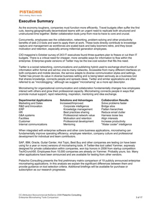 Executive Summary
As the economy toughens, companies must function more efficiently. Travel budgets often suffer the first
cuts, leaving geographically decentralized teams with an urgent need to replicate both structured and
unstructured time together. Better collaboration tools jump from nice-to-have to core and crucial.

Concurrently, employees see the collaboration, networking, problem-solving and other productivity
benefits of web 2.0 tools and want to apply them at work. These tools directly contribute to knowledge
capture and management as workforces are scaled back and baby boomers retire, and they boost
motivation and retention, especially among millennial generation employees.

CIO magazine’s October survey of 243 IT executives found three-quarters plan to freeze or cut their IT
budgets. There is a critical need for cheaper, more versatile ways for information to flow within the
enterprise. Enterprise-grade versions of Twitter may be the low-cost solution that fills this need.

Twitter is a social networking, communications and publishing hybrid used to exchange short bursts of
information within formal and ad-hoc one-to-many networks. Accessible from many different interfaces on
both computers and mobile devices, the service adapts to diverse communication styles and settings.
Twitter has proven its value in diverse business setting and is being taken seriously as a business tool
that shares knowledge, connects people and spreads ideas. Twitter and similar applications are often
referred to as “microblogging,” although we suggest “microsharing” as a more apt descriptor.

Microsharing for organizational communication and collaboration fundamentally changes how employees
interact with others and grow their professional capacity. Microsharing connects people in ways that
promote mutual support, rapid networking, inspiration, mentoring and idea exchange.

Departmental Applications                Solutions and Advantages        Collaboration Results
Marketing and Sales                      Increased/Improved:             Solve problems faster
R&D and Innovation                          Corporate intelligence       Bridge silos
ERP                                         Knowledge management         Flatten hierarchies
HR                                          Best practices sharing       Reduce email clutter
G&A systems                                 Professional network value   Harness loose ties
Facilities                                  Motivation and retention     Align interests
Customer                                    Professional development     Increase productivity
Internal communications                     Mentoring                    "Water cooler” intelligence

When integrated with enterprise software and other core business applications, microsharing can
fundamentally improve operating efficiency, employee retention, company culture and professional
development for individual and team contributors.

SAP, IBM, Oracle, Guitar Center, Hot Topic, Best Buy and other companies are testing (or have been
using for a year or more) versions of microsharing tools. A Twitter-like tool called Yammer, expressly
designed for private collaboration within companies, won top honors in 2008 from startup competition
TechCrunch50. Employees from 10,000 companies are already on Yammer. Probably yours, too. Many
other applications have been announced and are available for testing from other vendors.

Pistachio Consulting presents the first preliminary matrix comparison of 19 publicly announced enterprise
microsharing applications. In this analysis we explain the significant differences between them and
provide guidance on tool selection criteria. Additional briefings will be available for purchase or
subscription as our research progresses.




CC-Attribution-Noncommercial-NoDerivs 2008 Pistachio Consulting
Enterprise Microsharing Tools Comparison                                                               3 of 17
 