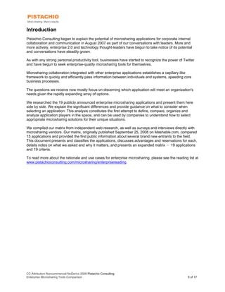 Introduction
Pistachio Consulting began to explain the potential of microsharing applications for corporate internal
collaboration and communication in August 2007 as part of our conversations with leaders. More and
more actively, enterprise 2.0 and technology thought-leaders have begun to take notice of its potential
and conversations have steadily grown.

As with any strong personal productivity tool, businesses have started to recognize the power of Twitter
and have begun to seek enterprise-quality microsharing tools for themselves.

Microsharing collaboration integrated with other enterprise applications establishes a capillary-like
framework to quickly and efficiently pass information between individuals and systems, speeding core
business processes.

The questions we receive now mostly focus on discerning which application will meet an organization's
needs given the rapidly expanding array of options.

We researched the 19 publicly announced enterprise microsharing applications and present them here
side by side. We explain the significant differences and provide guidance on what to consider when
selecting an application. This analysis constitutes the first attempt to define, compare, organize and
analyze application players in the space, and can be used by companies to understand how to select
appropriate microsharing solutions for their unique situations.

We compiled our matrix from independent web research, as well as surveys and interviews directly with
microsharing vendors. Our matrix, originally published September 25, 2008 on Mashable.com, compared
15 applications and provided the first public information about several brand new entrants to the field.
This document presents and classifies the applications, discusses advantages and reservations for each,
details notes on what we asked and why it matters, and presents an expanded matrix — 19 applications
and 19 criteria.

To read more about the rationale and use cases for enterprise microsharing, please see the reading list at
www.pistachioconsulting.com/microsharing/enterprisereading.




CC-Attribution-Noncommercial-NoDerivs 2008 Pistachio Consulting
Enterprise Microsharing Tools Comparison                                                            5 of 17
 