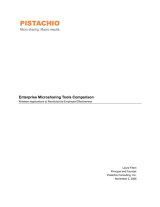 Enterprise Microsharing Tools Comparison
Nineteen Applications to Revolutionize Employee Effectiveness




                                                                              Laura Fitton
                                                                   Principal and Founder
                                                                Pistachio Consulting, Inc.
                                                                       November 3, 2008
 