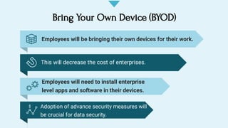 Employees will be bringing their own devices for their work.
Employees will need to install enterprise
level apps and soft...