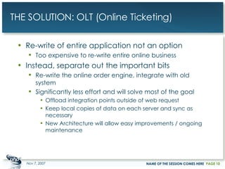 THE SOLUTION: OLT (Online Ticketing) Re-write of entire application not an option Too expensive to re-write entire online business Instead, separate out the important bits Re-write the online order engine, integrate with old system  Significantly less effort and will solve most of the goal Offload integration points outside of web request Keep local copies of data on each server and sync as necessary New Architecture will allow easy improvements / ongoing maintenance May 28, 2009 NAME OF THE SESSION COMES HERE PAGE  