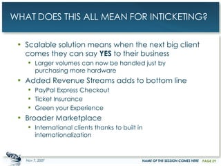 WHAT DOES THIS ALL MEAN FOR INTICKETING? Scalable solution means when the next big client comes they can say  YES  to their business Larger volumes can now be handled just by purchasing more hardware Added Revenue Streams adds to bottom line PayPal Express Checkout Ticket Insurance Green your Experience Broader Marketplace International clients thanks to built in internationalization May 28, 2009 NAME OF THE SESSION COMES HERE PAGE  